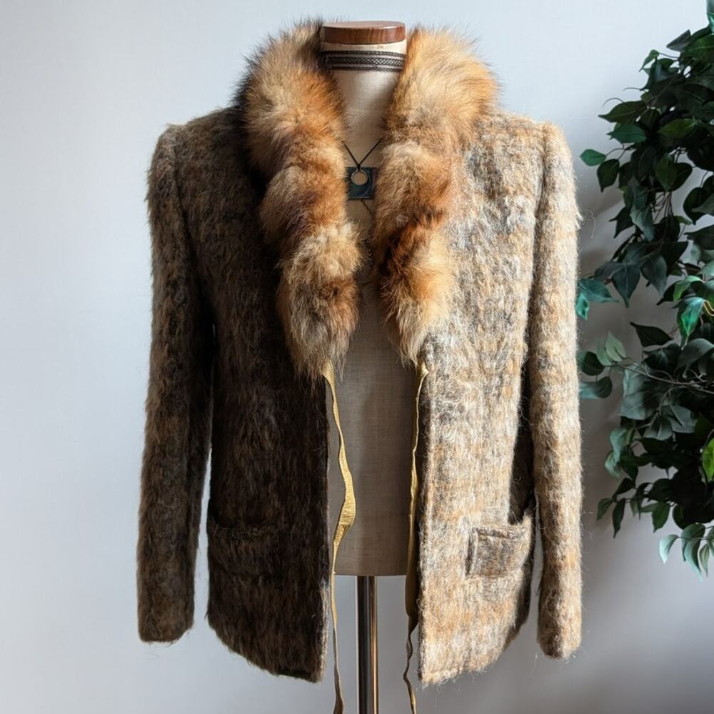 Vintage Leather Penny Lane Jacket Faux Fur Furry 70s Afghan Tapestry Trench Coat - Picture 15 of 16